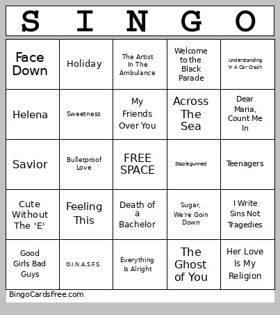 Emo Singo Bingo Card