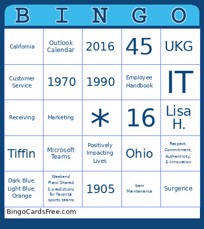 Employee Appreciation Bingo Card
