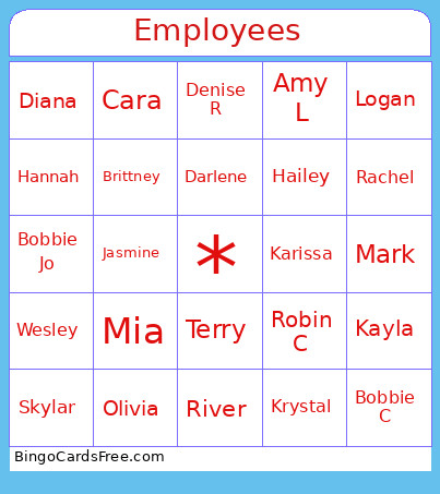 Employee Names Bingo Card