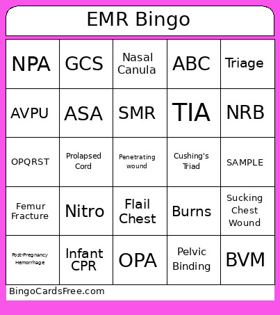 EMR Bingo Card