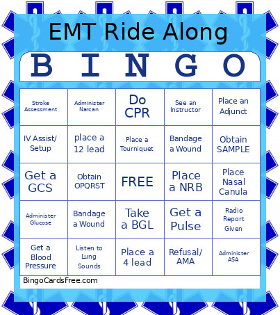 EMT Ride Along Bingo Card
