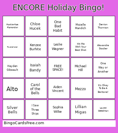 ENCORE Holiday ! Bingo Card