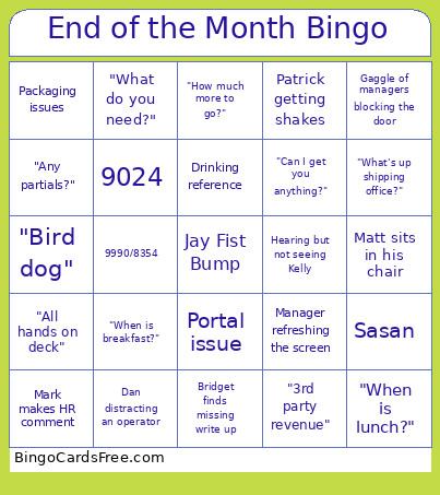 End Of The Month Bingo Card
