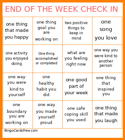 END OF THE WEEK CHECK IN Bingo Card