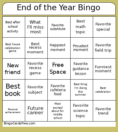 End Of The Year Bingo Card