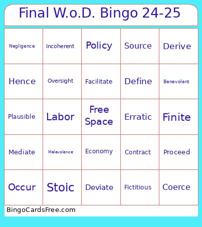 End Of The Year W.o.D. Review Bingo Card