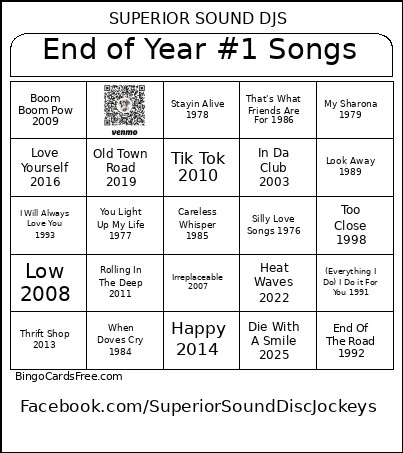 End Of Year #1 Songs Bingo Card