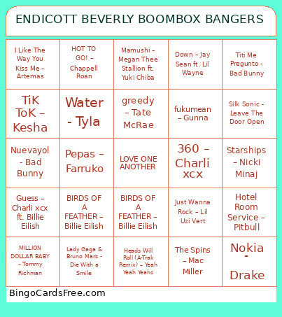 ENDICOTT BEVERLY BOOMBOX BANGERS Bingo Card