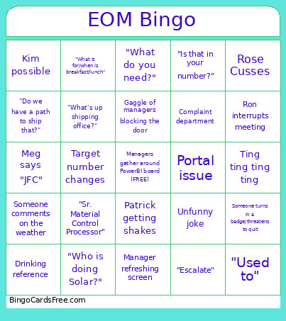 Endofmonth Bingo Card