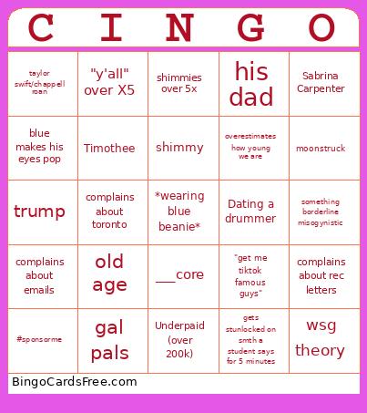 Eng250 Bingo Card