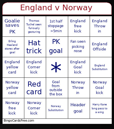 England V Norway Bingo Card