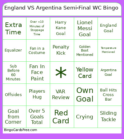 England VS Argentina Semi-Final WC Bingo Card