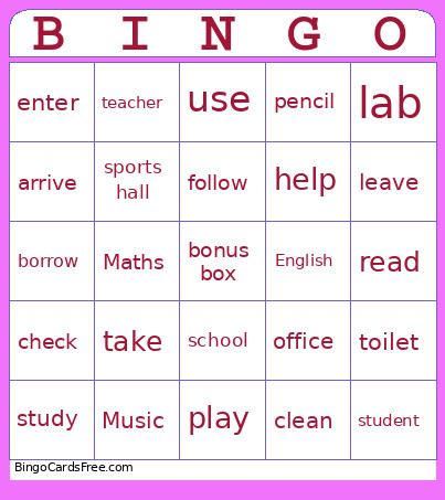 English Bingo Card