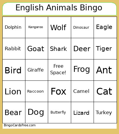 English Animals Bingo Card