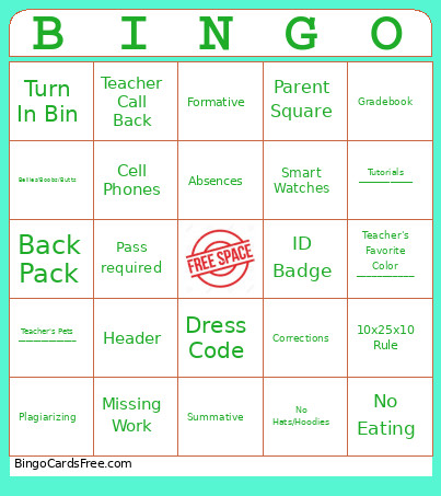 English Bingo Card