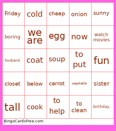 English Class Bingo Card