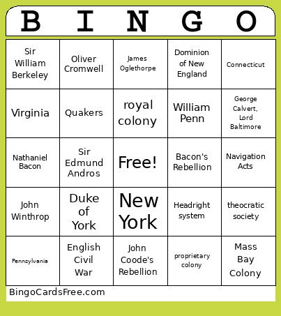 English Colonization Of America Bingo Card