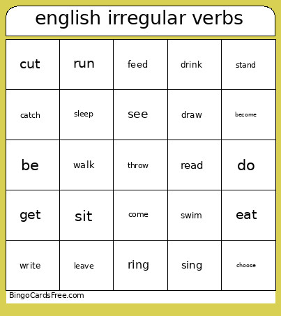 English Irregular Verbs Bingo Card
