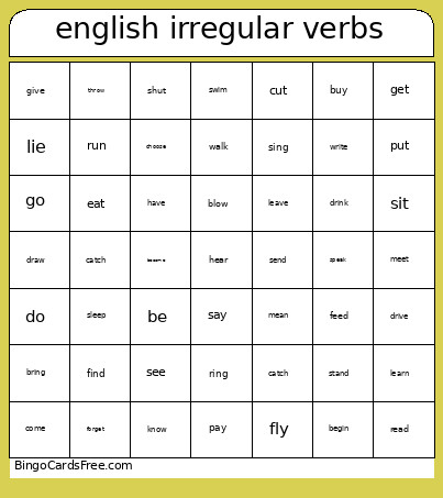 English Irregular Verbs Bingo Card