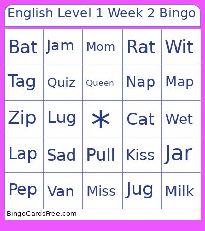 English Level 1 Week 2 Bingo Card