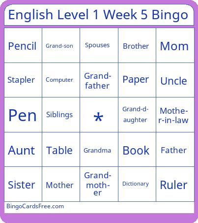 English Level 1 Week 5 Bingo