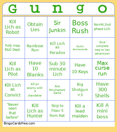 Enter The Gungeon Bingo Card