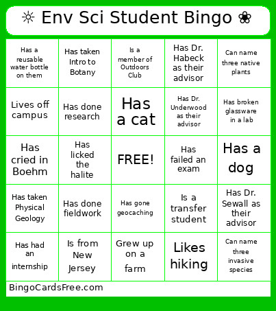 Env Sci Peer Mentoring Bingo Card
