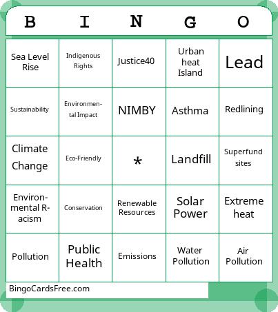 Environmental Justice Bingo Cards Free Pdf Printable Game, Title: BINGO