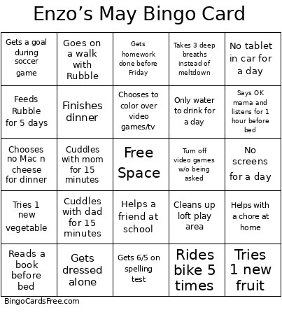 Enzo’s May Bingo Card