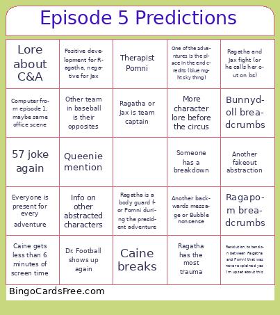Episode 5 predictions Bingo