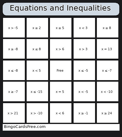 Equations And Inequalities Bingo Card
