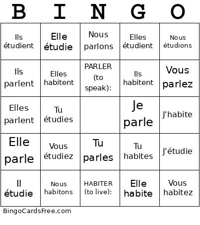 ER Verbs Bingo Card