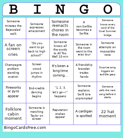 Eras Tour Bingo Card