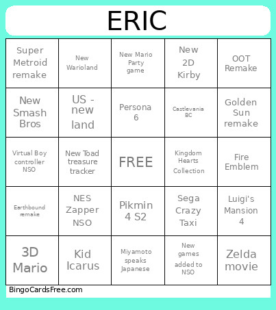Eric Nintendo Direct 6/9/26 Bingo Card