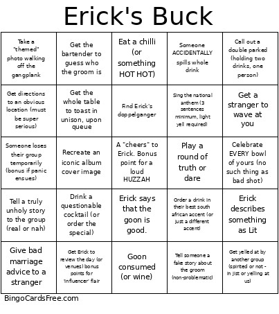 Erick's Buck Bingo Card
