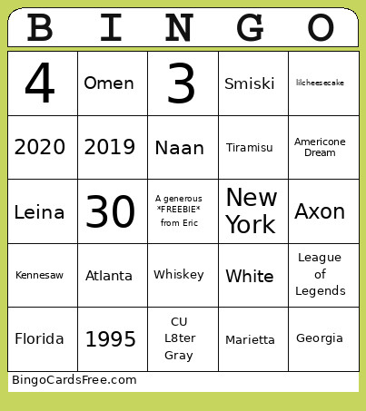 Eric's 30th Birthday Bingo Card