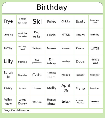 Erin Birthday Bingo Card