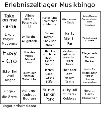 Erlebniszeltlager Musik Bingo Card