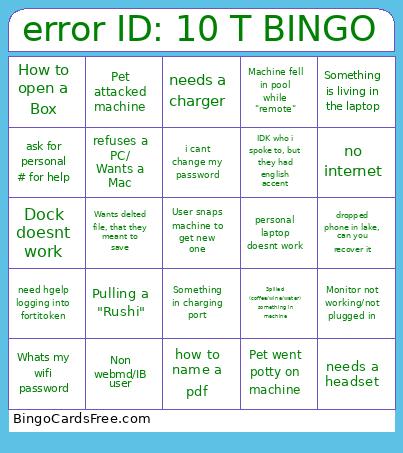 Error ID: 10 T Bingo Card