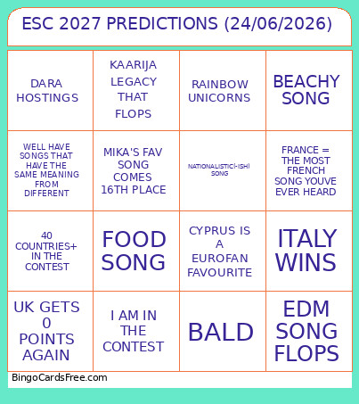 ESC 2027 PREDICTIONS (24/06/2026) Bingo Card