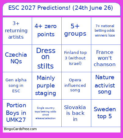 ESC 2027 Predictions! (24th June 26) Bingo Card