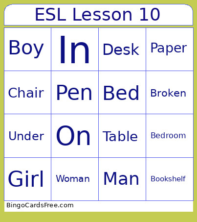 ESL Lesson 10 Bingo Card