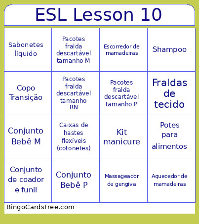 ESL Lesson 10 Bingo Card