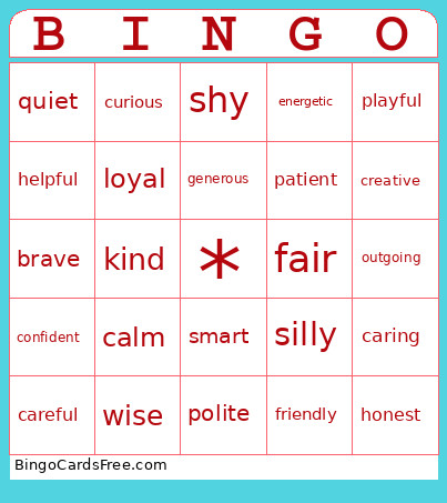 Esl Personality Traits Bingo Card
