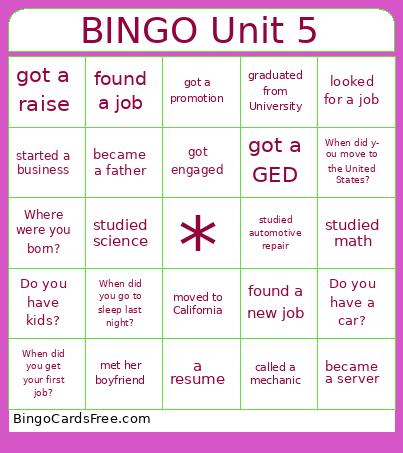 ESL Review Bingo_Unit 5