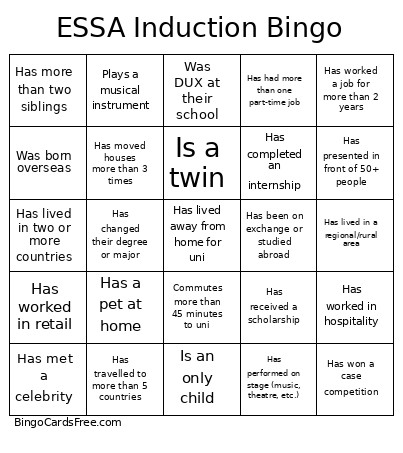 ESSA Induction Bingo Card