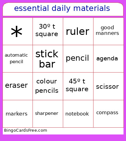 Essential Daily Materials Bingo Card