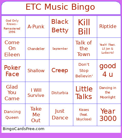 ETC Music Bingo Card