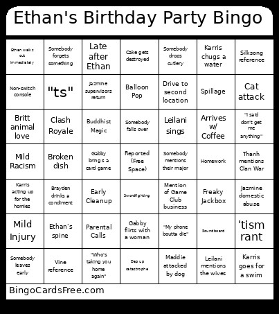 Ethan's Birthday Party Bingo Card