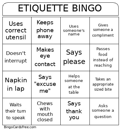 ETIQUETTE Bingo Card